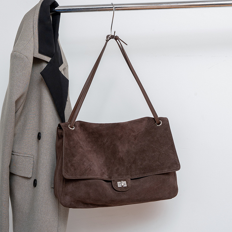Leather Work Handbags - 여성용 정품 스웨이드 가죽 숄더백, 조절